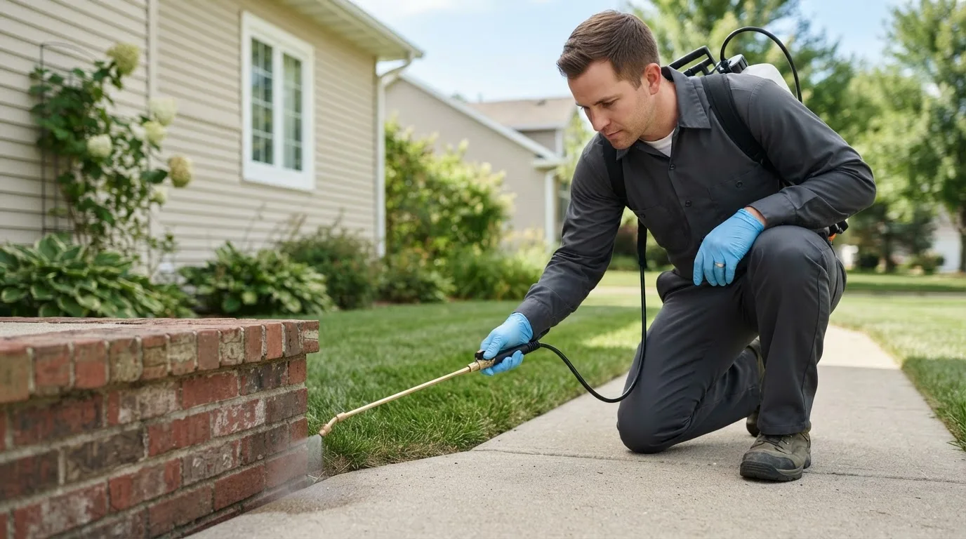 Pest control technician treating a home near Lewiston, NE