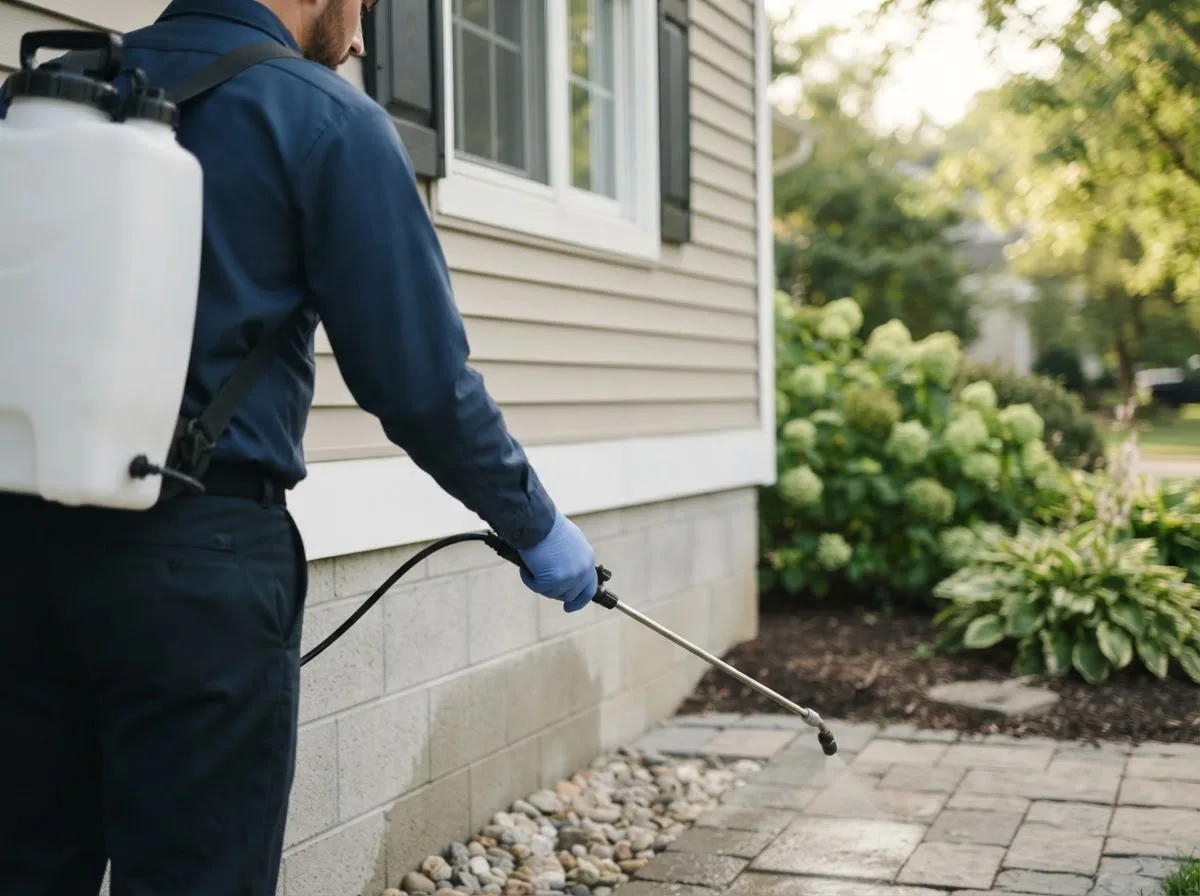 Pest control technician inspecting a home in Lewiston, NE